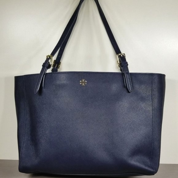 Tory Burch York Buckle Tote, Navy Saffiano Leather - Picture 1 of 14